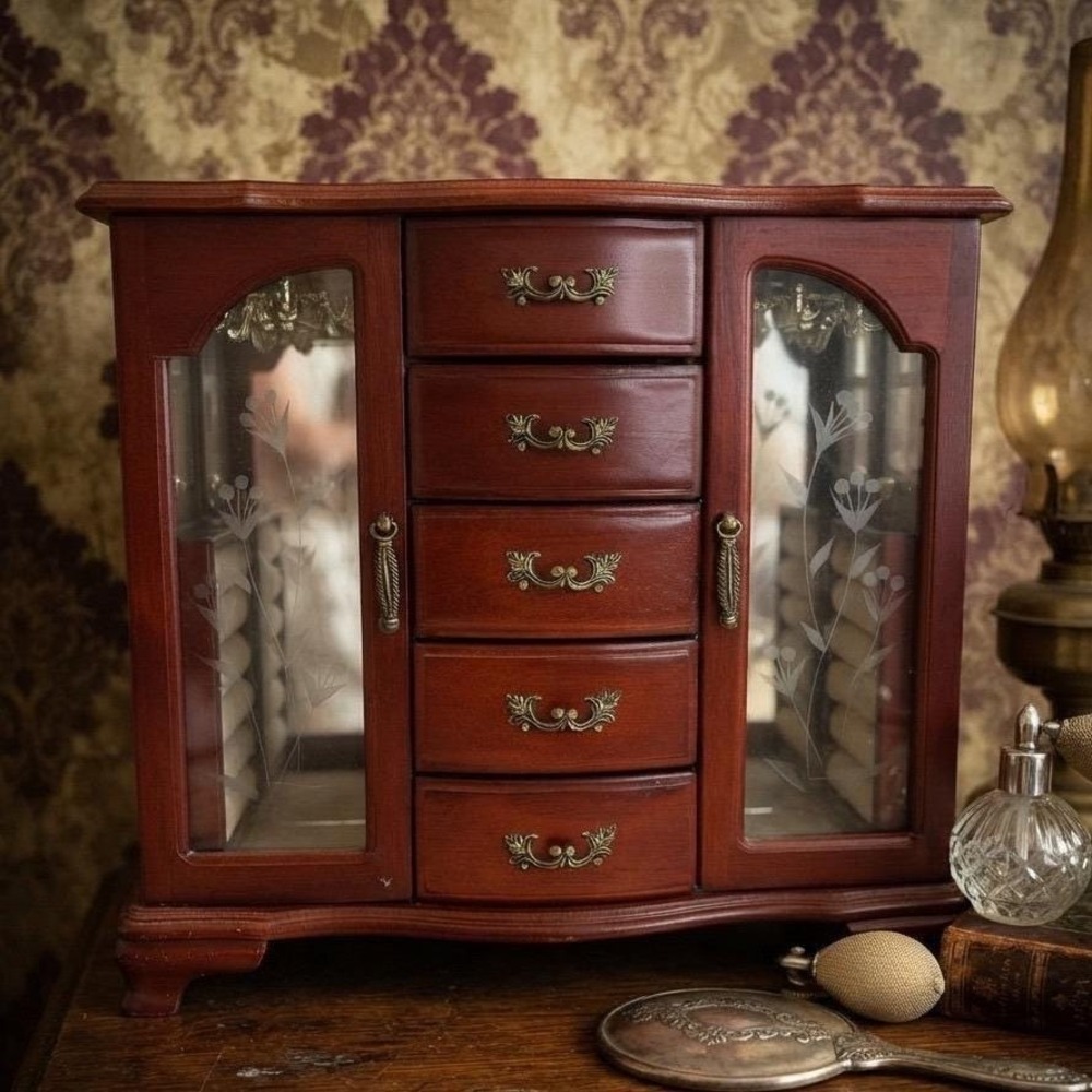 Vintage Wooden Jewelry Armoire Cherry Finish Etched Glass 5 Drawers Mirror Box